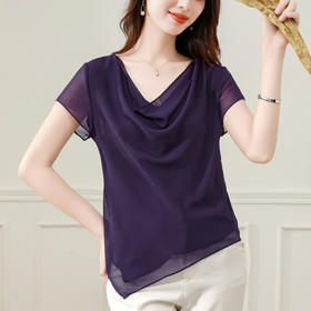 气质不规则紫色百搭显瘦，v领洋气小衫雪纺上衣KQL- B43N1897