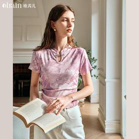 OLrain欧芮儿国风立领短袖T恤女夏季2024年新款高级感水墨画上衣