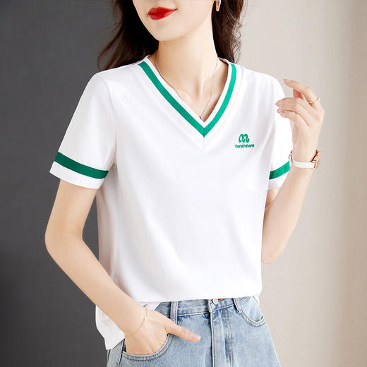 福利款~雀说撞色v领白色短袖t恤夏季女装显瘦正肩上衣高端半袖体恤AL20164 商品图3
