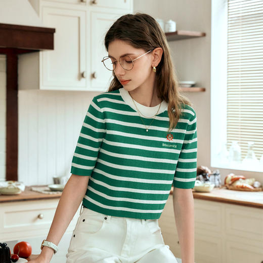 OLrain欧芮儿条纹针织衫女夏季2024年新款时尚宽松圆领短袖上衣 商品图1