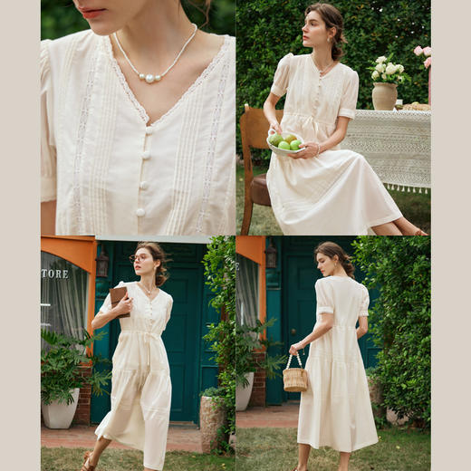 OLrain欧芮儿法式杏色v领连衣裙女夏季2024年新款蕾丝拼接中长裙 商品图2