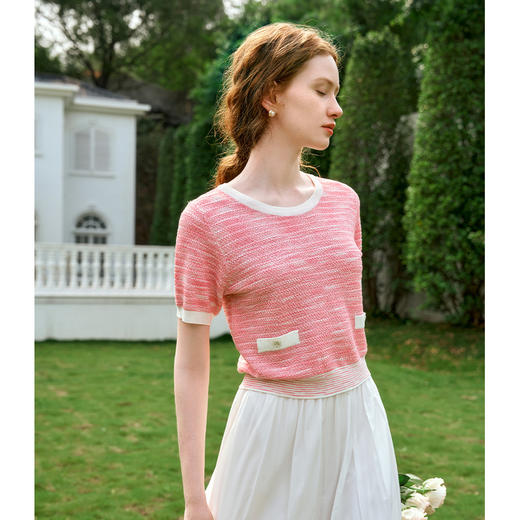 OLrain欧芮儿粉色圆领针织衫女夏季2024年新款小香风宽松套头短袖 商品图1