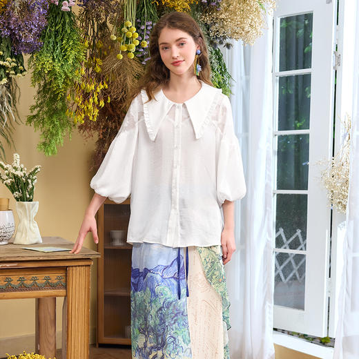 两三事 烟云轻抚 2024夏季新款甜美荷叶边大翻领灯笼袖衬衫女宽松 商品图3