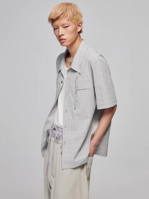 Simple Project/Y2487/纯棉格纹领子抽绳宽松古巴领短袖衬衫 商品图3