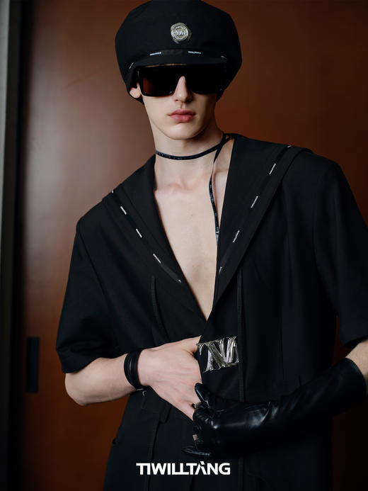 TIWILLTANG启世录“域海银启”海军领结构短袖衬衫刺绣拼接衬衣 商品图1