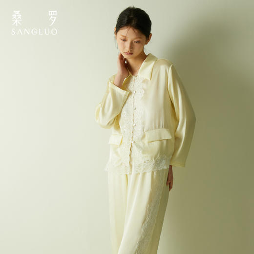 桑罗蕾丝拼接真丝睡衣套装女立领奶黄色休闲凉爽透气居家服可外穿 商品图1