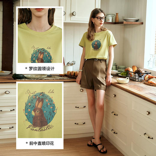 OLrain欧芮儿浅黄色短袖T恤女夏季2024新款简约百搭松鼠印花上衣 商品图3
