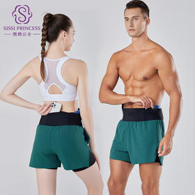 竞速收腹运动短裤男女款 加大侧面网兜更多收纳空间 双层假两件防走光设计 弹力面料配合松紧裤腰舒适透气