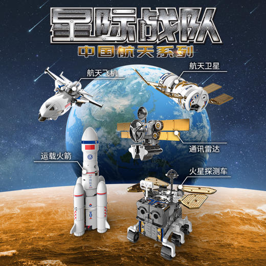 东方甄选/与辉同行/周洲推荐「小吉手 空天探索拼装玩具五合一款」 🎁让娃尖叫的航天拼搭积木，科普知识还能收藏 ✔️星际战队|可单独变形、可五合一✔️航天飞机➕运载火箭➕航天卫星➕火星探测车➕通讯雷达 商品图2