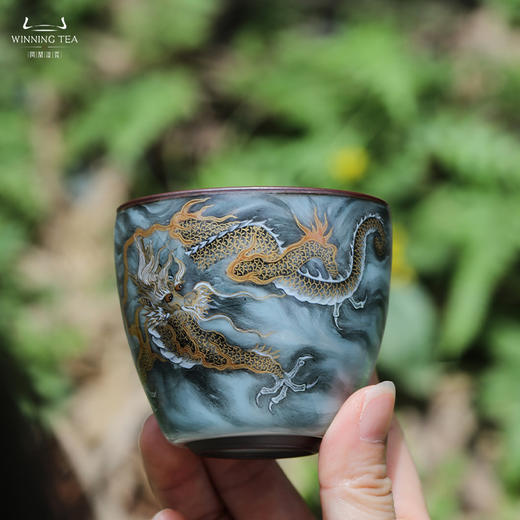 问鼎铁胎汝窑青枫杯（墨彩描金龙纹） 商品图1