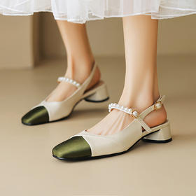 【预售5天】拼色包头后空凉鞋，方头韩版气质时装鞋珍珠搭扣粗跟女鞋QJR&G216-7