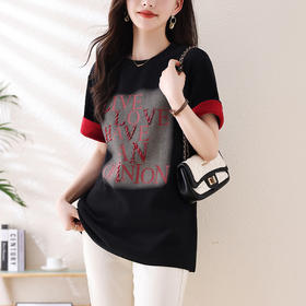 雀说手工钉钻字母印花T恤女新款袖口拼接宽松休闲打底上衣AL7118