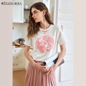 OLrain欧芮儿新中式短袖T恤女夏季2024年新款高级感别致刺绣上衣