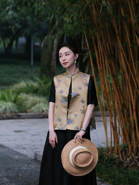 微瑕秒杀 |盛唐牡丹 |琉璃金菊花纹花锦缎马甲[特价品](特殊商品不退不换)