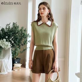 OLrain欧芮儿绿色针织衫女夏季2024年新款撞色翻领手勾边针织衫