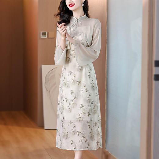 雀说时尚轻奢小清新印花吊带连衣裙改良版立领盘口外衫中长裙两件套AL 商品图2