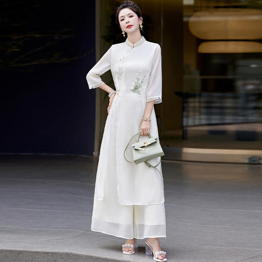 超透气复古新中式改良禅意茶服，两件套装显瘦百搭刺绣套装HR-ZMFS24416 商品图0