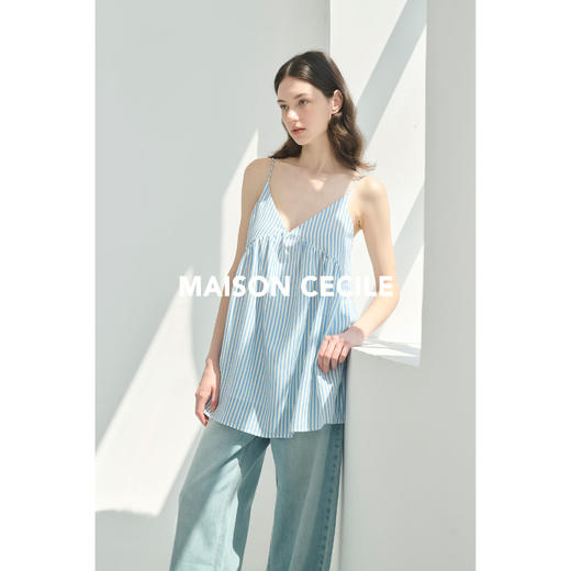 MAISON CECILE两色/夏日条纹天丝亚麻吊带V领上衣 商品图1