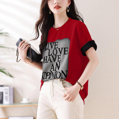 雀说手工钉钻字母印花T恤女新款袖口拼接宽松休闲打底上衣AL7118 商品图3