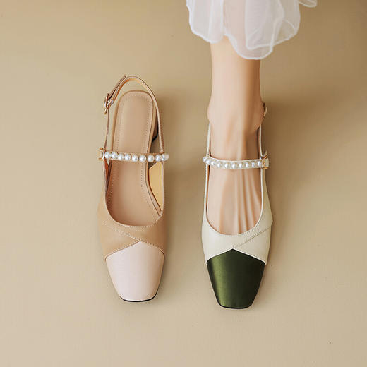 【预售5天】拼色包头后空凉鞋，方头韩版气质时装鞋珍珠搭扣粗跟女鞋QJR&G216-7 商品图4