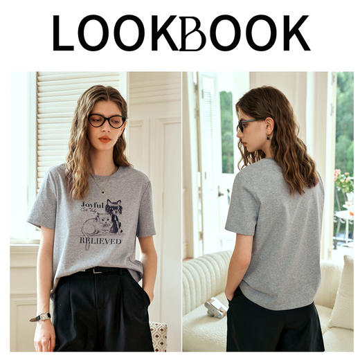 OLrain欧芮儿法式正肩T恤女夏季2024年新款简约灰色印花短袖上衣 商品图4