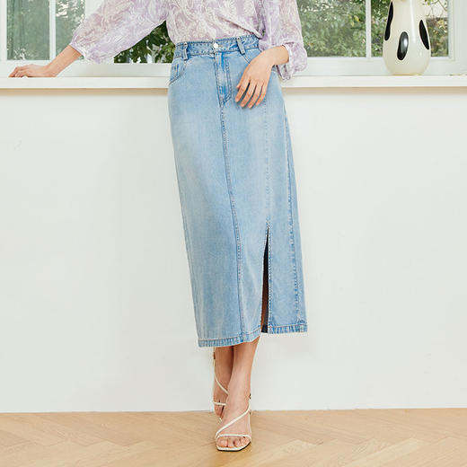 玳莎莱赛尔高腰牛仔裙透气牛仔蓝时尚中长款开衩半裙  EB34309 商品图0