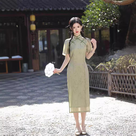 复古民国风年轻款，绿色丝麻倒大袖旗袍YG-2419 商品图3