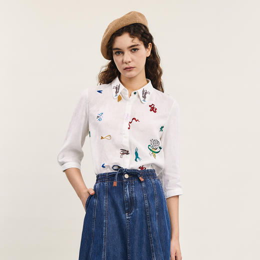 谜底绣花衬衫七分袖女2024夏季新品复古风亚麻宽松衬衣242MC0643 商品图0