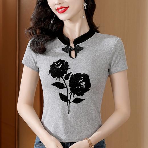 立领复古盘扣玫瑰印花短袖t恤K-E48M8132 商品图0
