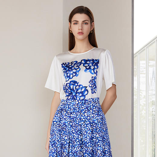 【桑蚕丝印花T恤】24年春夏新品女士真丝圆领短袖薄款上衣 商品图1