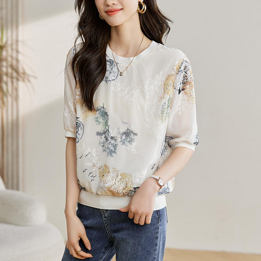 雀说新款数码刺绣宽松时尚洋气五分套头中袖T恤上衣AL303 商品图1