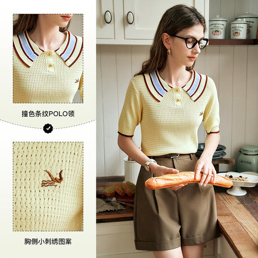 OLrain欧芮儿镂空polo领针织衫女夏季2024新款学院风撞色短袖上衣 商品图3