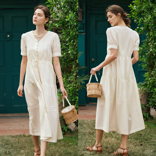 OLrain欧芮儿法式杏色v领连衣裙女夏季2024年新款蕾丝拼接中长裙 商品图4