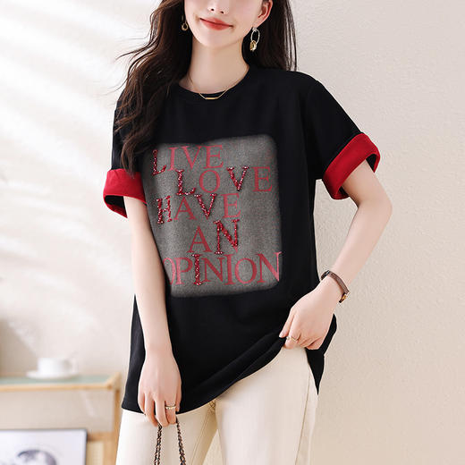 雀说手工钉钻字母印花T恤女新款袖口拼接宽松休闲打底上衣AL7118 商品图2