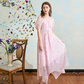 两三事 酿香季 2024夏季新款温柔风碎花印花荷叶边袖不规则连衣裙