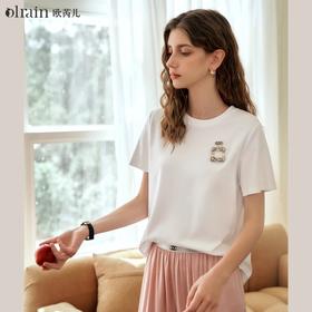 OLrain欧芮儿白色短袖T恤女夏季2024年新款时尚通勤刺绣圆领上衣