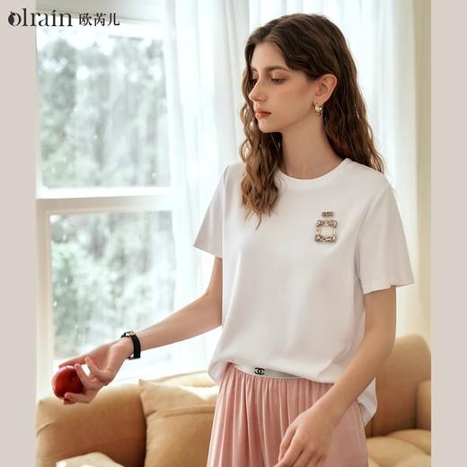 OLrain欧芮儿白色短袖T恤女夏季2024年新款时尚通勤刺绣圆领上衣 商品图0