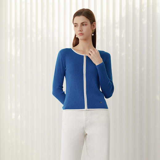 【圆领坑条纹修身针织开衫】24年春夏新品女士圆领条纹撞色修身显瘦开衫 商品图3