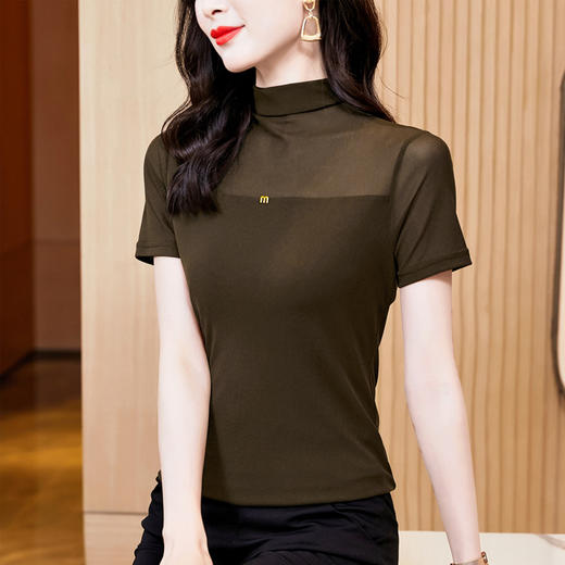 百搭半高领纯色短袖网纱打底衫上衣t恤K-E37M2768 商品图4