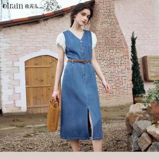 OLrain欧芮儿法式牛仔蓝连衣裙女夏季2024年新款时尚V领显瘦长裙 商品图0
