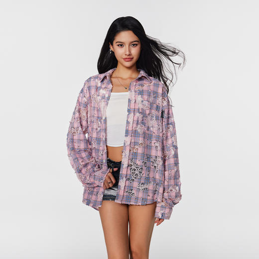 【Achock官方店】潮牌辣妹蕾丝翻领格子衬衫美式高街女款长袖外套 商品图1