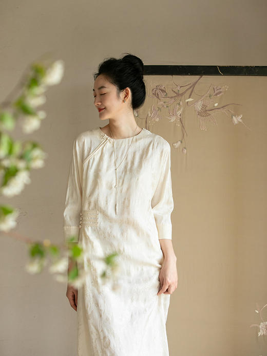 牧衣游原创 柞蚕丝混纺提花连衣裙女夏禅意古朴宽松气质长裙 溪外 商品图2