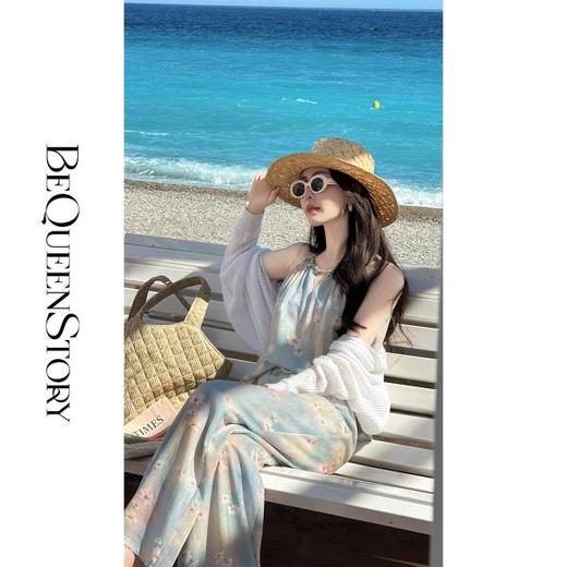 【大货小码捡漏，不退不换】  【莫兰迪花园】仿麻底印花挂脖吊带上衣直筒裤套装 商品图2