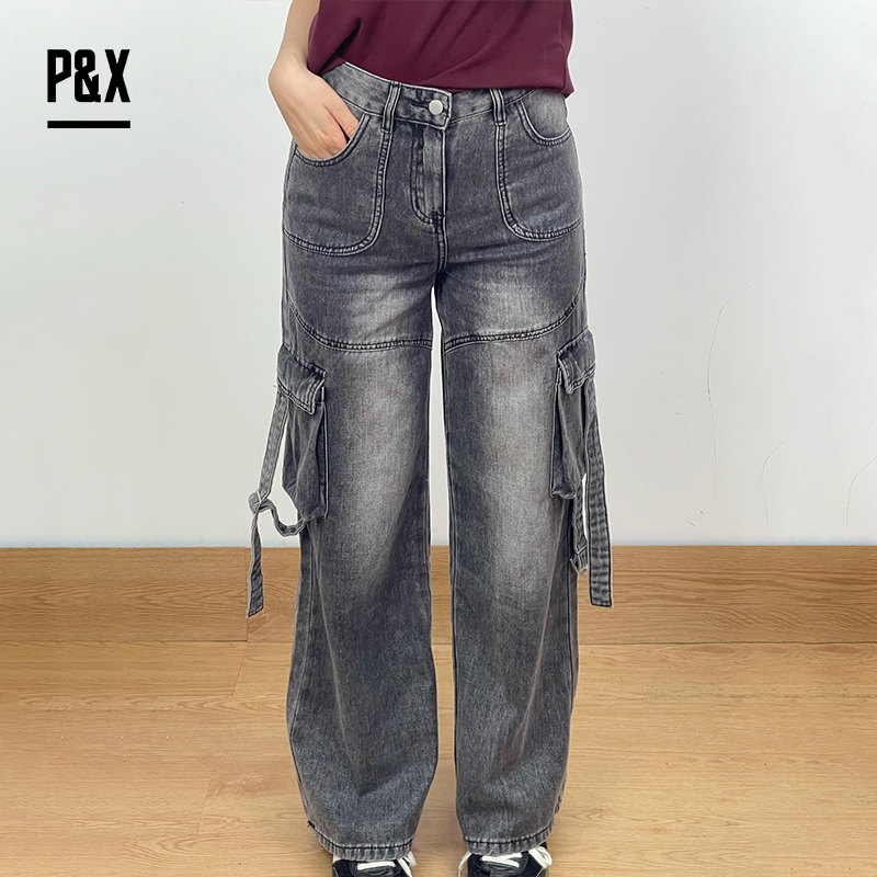 P&X设计师女装夏季显瘦复古做旧水洗阔腿牛仔长裤 824210384 黑色