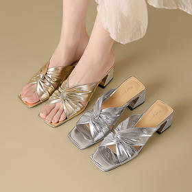 【预售5天】柔软舒适外穿露趾半拖鞋，银色优雅高跟凉鞋MBJR&829