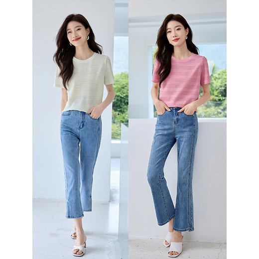 【五折购】熙世界2025夏季新款显瘦法式针织T恤宽松显瘦波浪纹肌理感上衣 商品图3