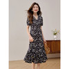 【专属特价】熙世界浪漫法式围裹式碎花连衣裙夏季黑色泡泡袖V领茶歇鱼尾裙 商品缩略图1