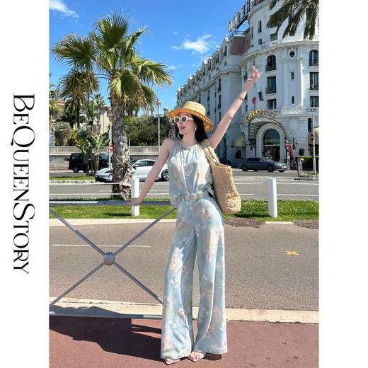 【大货小码捡漏，不退不换】  【莫兰迪花园】仿麻底印花挂脖吊带上衣直筒裤套装 商品图0