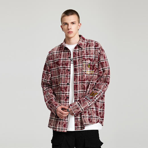 【Achock官方店】洗水做旧蝴蝶刺绣长袖衬衫美式街头春秋款外套男 商品图1