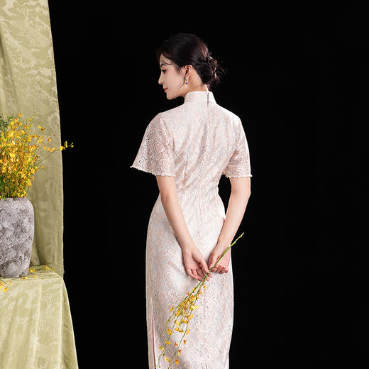 荷言GL原创 暖先开 粉色小玫瑰织金蕾丝旗袍文艺优雅24新款日常热卖 商品图1